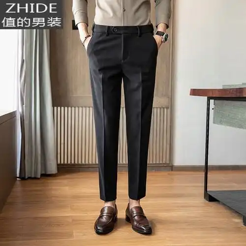 suntek秋冬季毛呢料休闲裤男士修身韩版潮流磨毛西装裤小脚西裤子男