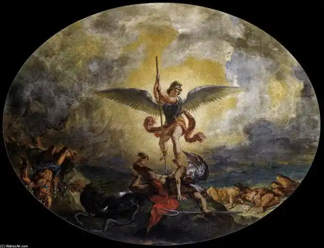 "圣迈克尔击败魔鬼", 油画 通过 eugène delacroix (1798-1863