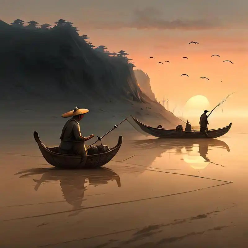 古风绘画,中国风,描绘古诗词,古典美.日暮人归尽,沙禽上钓舟.