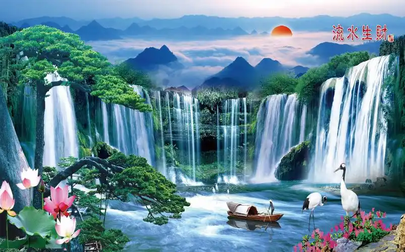 xt90147中式山水瀑布仙鹤太阳松树荷花金鱼渔船鲜花