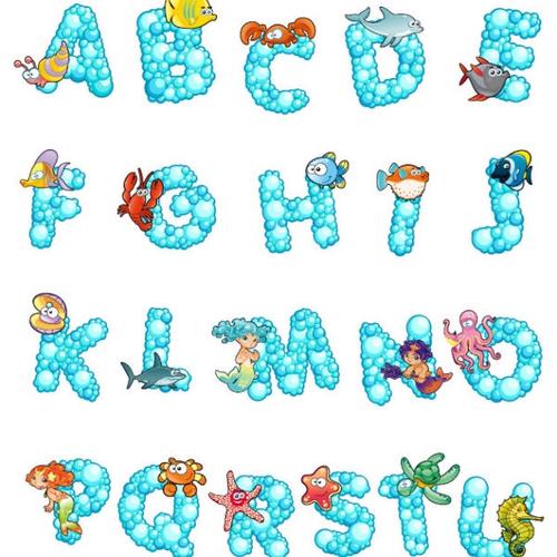 卡通字母设计矢量素材可爱艺术字26英文海洋气泡螃蟹鱼龙虾138