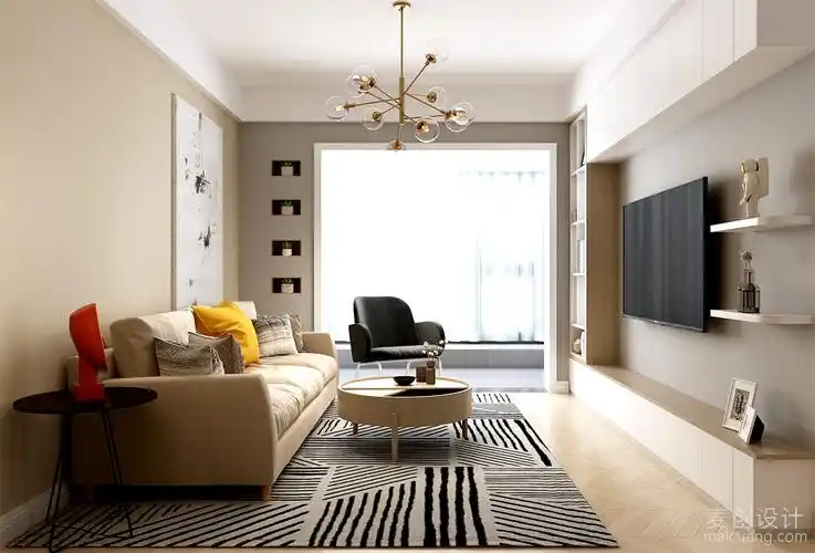 整体风格为现代北欧风格,采用原木色的地板,米白色沙发,电视背景墙以