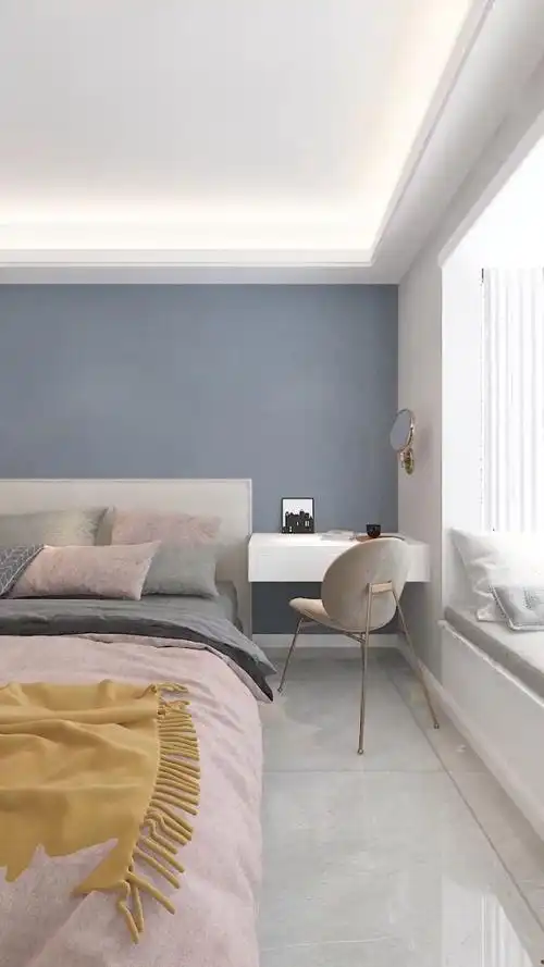 蓝灰色乳胶漆做为背景墙装饰,搭配粉色调的软装,营造超有爱的温馨居家