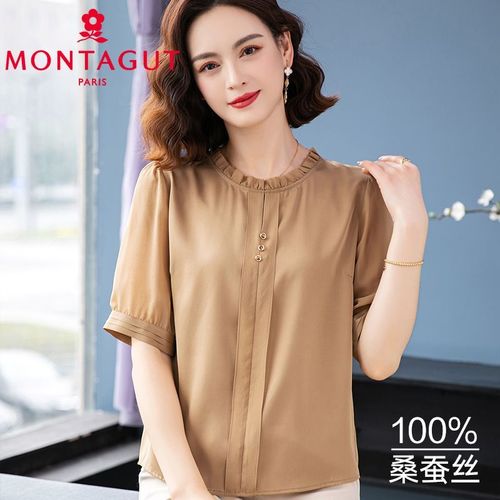 梦特娇正品春夏装薄款圆领高端真丝t恤中老年妈妈装桑蚕丝上衣女