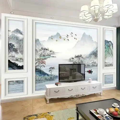 壁纸立体房间装饰3d五宫格电视背景墙山水画大气风景客厅网红新款