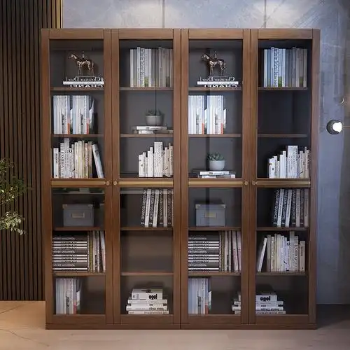 新中式书柜全实木带玻璃门现代轻奢客厅自由组合柜书房书橱置物柜