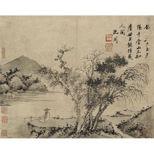 明四家沈周垂钓 国画水墨复制画原作版画中式客厅走廊装饰字画