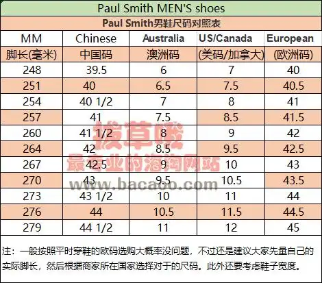 paul smith男鞋尺码对照表-拔草哦