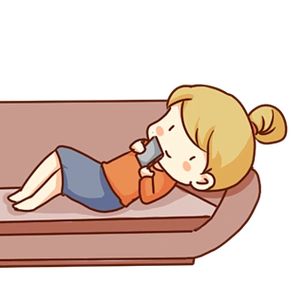 手绘卡通躺沙发上玩手机的女孩