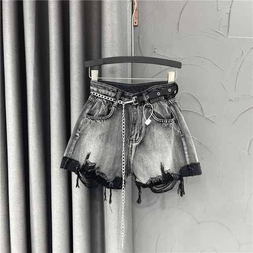 a字牛仔短裤女2024夏季薄款破洞宽松显瘦休闲阔腿热裤 烟灰色搭配腰带