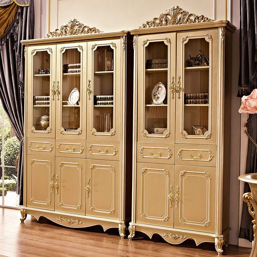 欧式香槟金书柜三门书柜文件柜书桌写字台组装香槟金书柜书桌组合