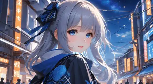 城市,街边,蓝眼睛,白色发型,和服装动漫女孩侧颜高清壁纸图片侧颜动漫