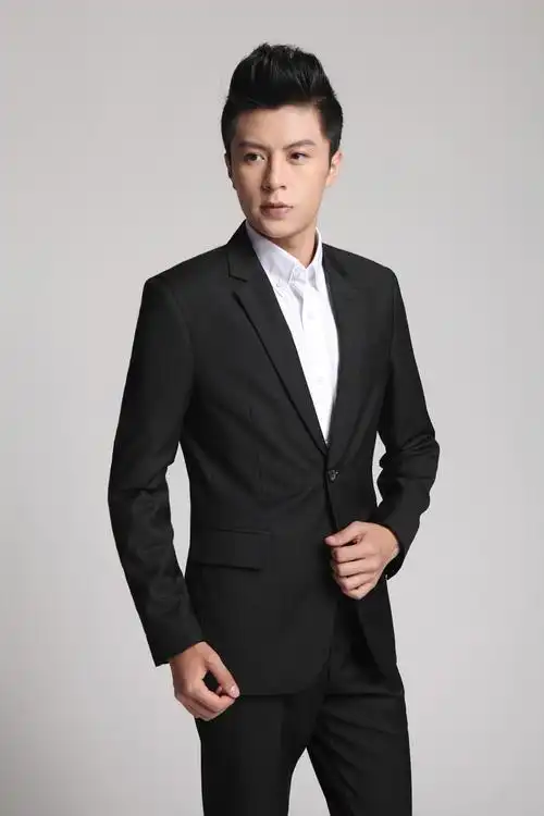 新款男韩版两扣西服套装男士西装修身双开叉新郎黑色男正装礼服(上衣