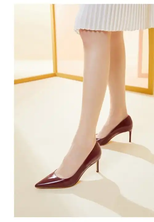 73hours女鞋高跟鞋尖头单鞋浅口细跟牛皮高跟通勤开会中酒红色38