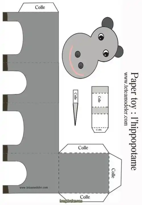 立体手工纸模图片下载卡通立体灰色大河马手工图纸下载
