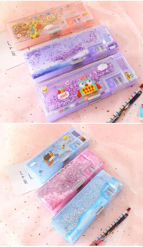 网红流沙文具盒女生小清新少女心铅笔盒创意多功能双层笔盒流沙粉色