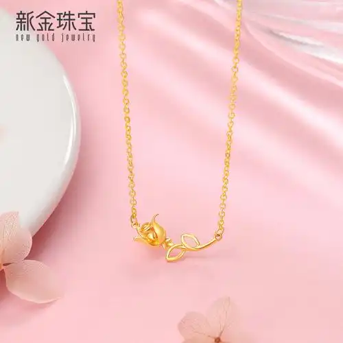 新金珠宝黄金项链女5g硬金链子999足金玫瑰花套链awj1042