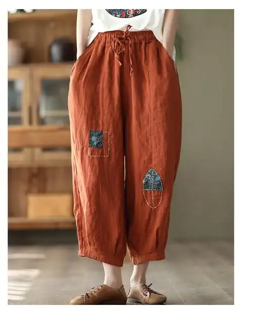 外贸法国单夏季复古贴布棉麻裤大码女裤休闲萝卜裤胖mm亚麻哈伦