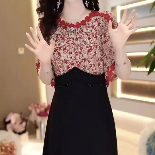 高级冰羽丝时尚洋气端庄优雅翠花连衣裙2024夏季新款收腰假俩件