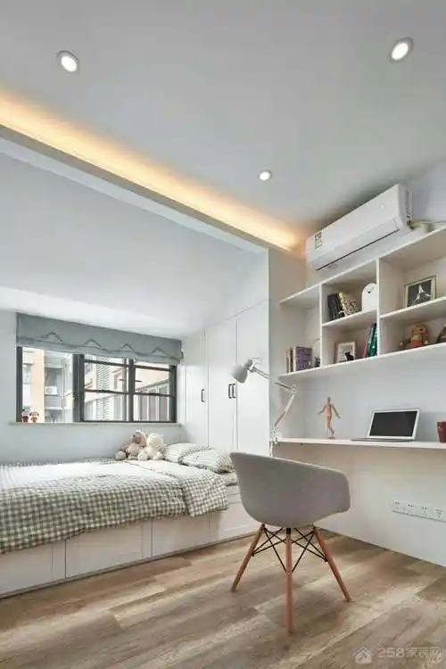 北欧风格卧室白色书桌书柜一体化效果图