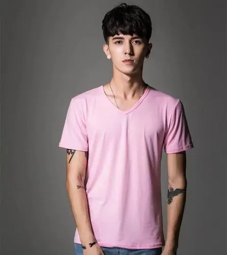 夏季男v领粉色短袖t恤宽松纯色大码t桖打底衫学生工衣diy定制批发
