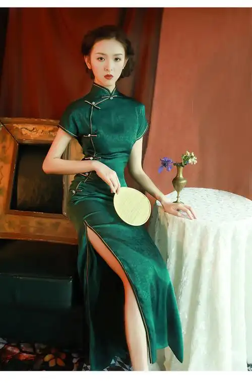 mlcriyg旗袍女品牌高端女装绿色修身高开叉长款女复古中国风老上海