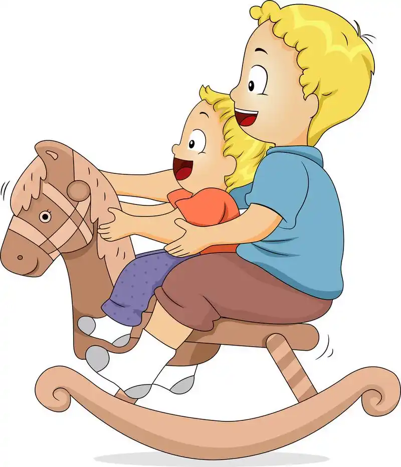 摇马的兄弟姐妹,男性的兄弟姐妹坐在木马上的插图