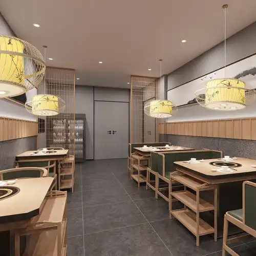 新中式湘菜馆餐厅包房饭店火锅店包厢包间餐馆餐桌竹艺吊灯带射灯