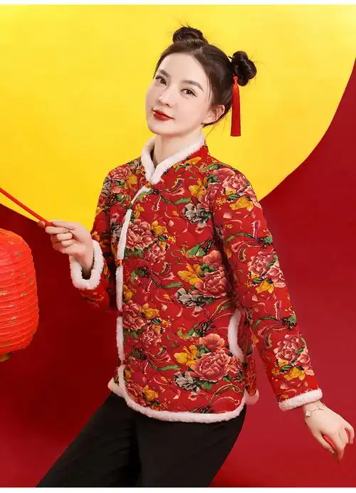 东北大花秋冬复古民族风棉服小棉袄短款棉麻印花棉衣复古盘扣外套