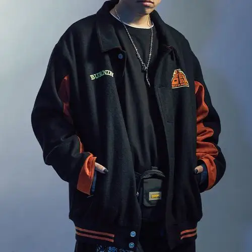 burninplace地下宫殿羊毛拼接夹克植绒印花刺绣夹克