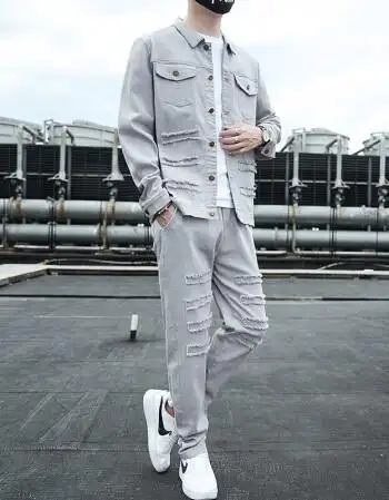 杜宾爵男生潮人牛仔夹克男秋季牛仔裤套装立领潮流潮牌外套男装青少年