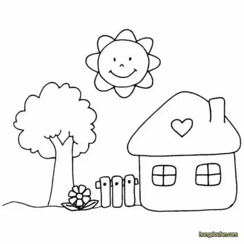 可爱卡通小房子 大树栅栏太阳填色图片大全-红豆饭小学生简笔画大全
