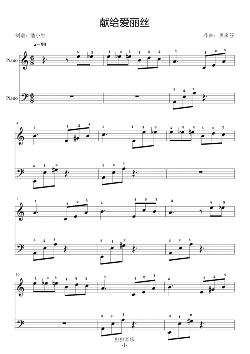 献给爱丽丝 完整指法 c调 初学者优选 简化版 致爱丽丝钢琴谱-虫虫