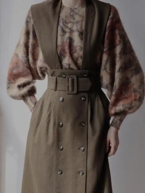 vintageootd法式油画感深卡其一套