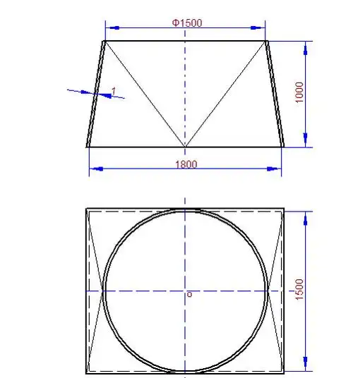 求天圆地方.直径1.5米,长1.8米,宽1.5米,高1米放样图