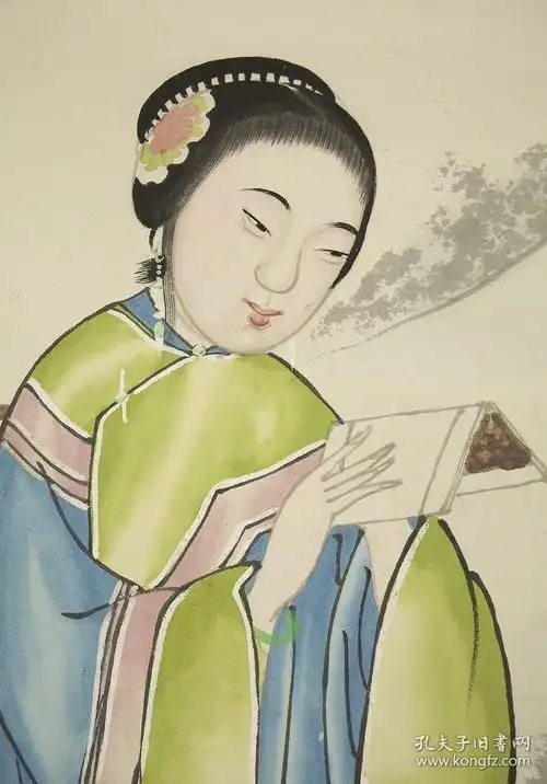 民国时期手绘仕女年画《蕉下读书图》