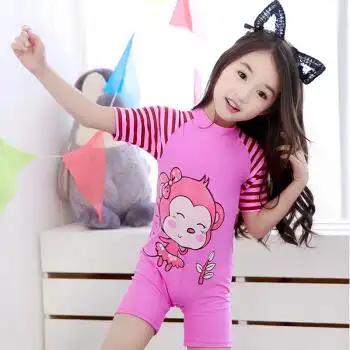 儿童泳衣男女童连体泳裤可爱动画宝宝温泉泳装短袖保暖游泳衣 粉红