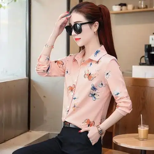 春装印花气质长袖打底衫雪纺衫女修身衬衫新款韩版大码文艺潮女装