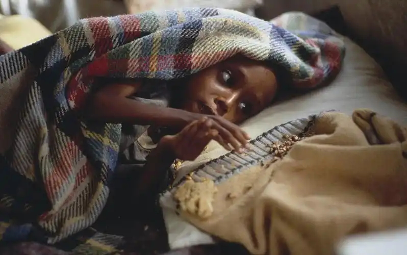 埃塞俄比亚提格雷地区的难民中心,一个孩子伸手去拿毯子上的食物.