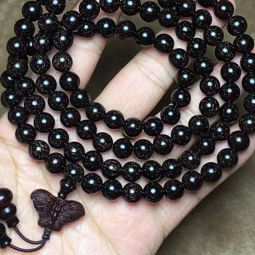 小叶紫檀老料长珠手串 108颗黑色盘手手链木质雕刻蝴蝶吊坠首饰品