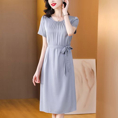 正品真丝连衣裙女2023年夏季新款纯色圆领高端大牌中年桑蚕丝裙子