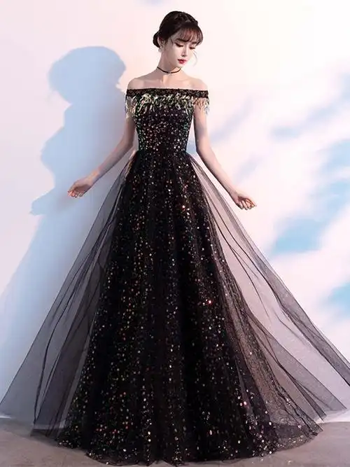 大合唱演出服女2021新款一字肩亮片长裙学生主持指挥黑色晚礼服