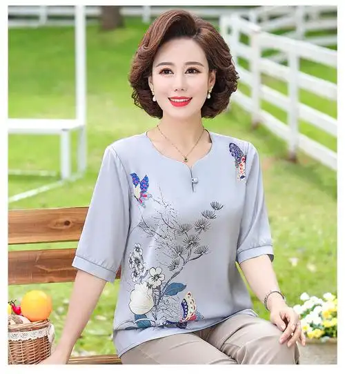 中老年女装夏装t恤妇女小衫洋气妈妈装夏装中年女中袖雪纺衬衣潮 淡蓝
