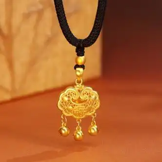 米詅999足金福牌平安锁黄金吊坠女3d硬金铃铛长命锁编织项链送礼物 金
