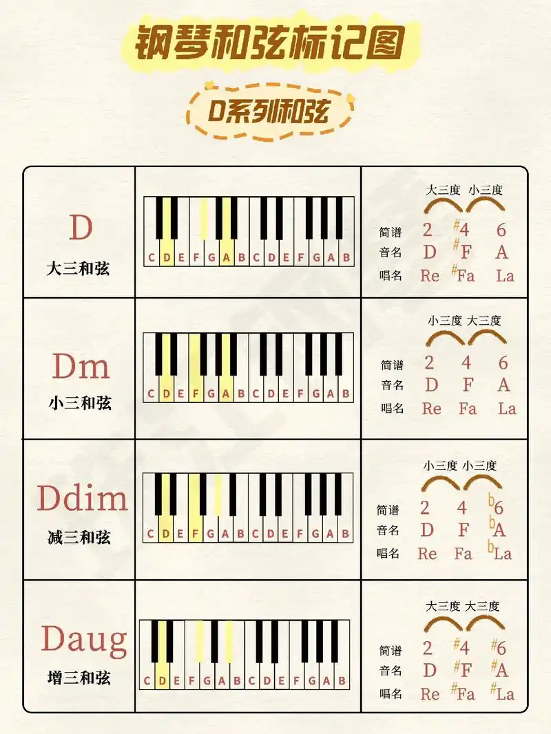 钢琴入门|d系列和弦标记图大全.#乐理 #钢琴教学 #钢琴  - 抖音