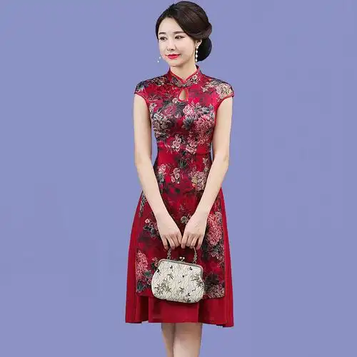 夏秋季新款奥黛真丝旗袍裙女中长款改良桑蚕丝提花妈妈装宴会礼服