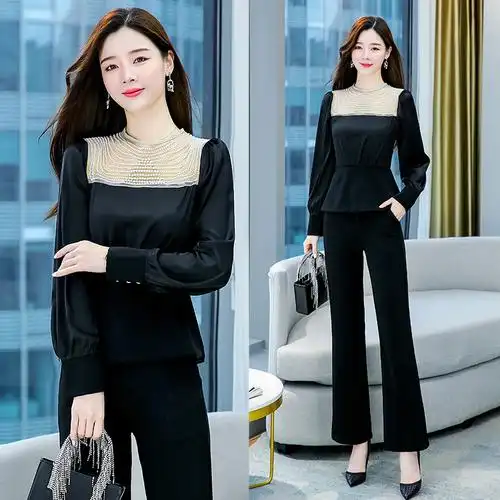 2021年秋季时尚钉珠修身喇叭裤套装两件套,女装套装/套裙,魅家