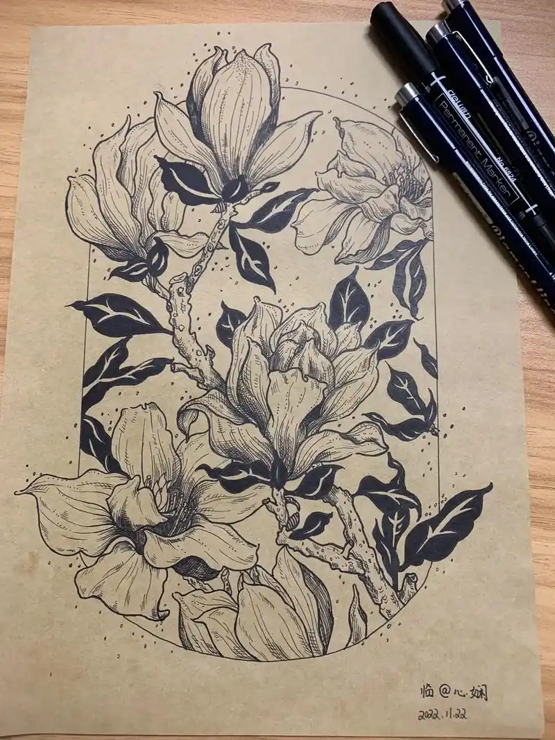 黑白线描花卉玉兰