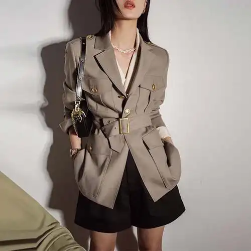 厂家批发 新款纯色时髦橄榄色冷美人 职场ying通huo猎装西装女