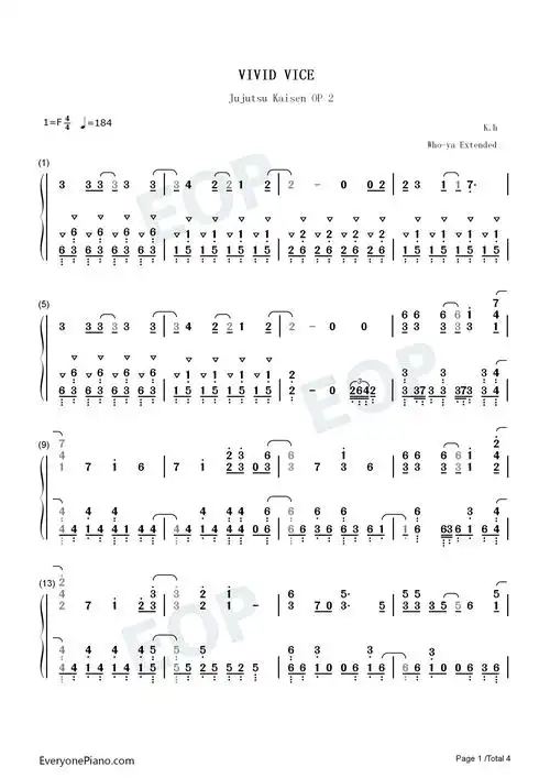 vivid vice-咒术回战op2-钢琴谱文件(五线谱,双手简谱,数字谱,midi